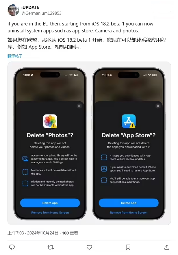 上安乡苹果手机维修分享iOS 18.2 支持删除 App Store 应用商店 